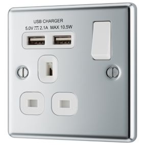 GoodHome Chrome Single 13A Switched Socket with USB x2 & White inserts