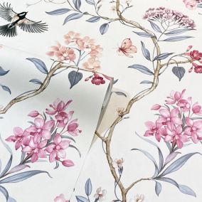 GoodHome Cidon Cream & pink Floral Textured Wallpaper
