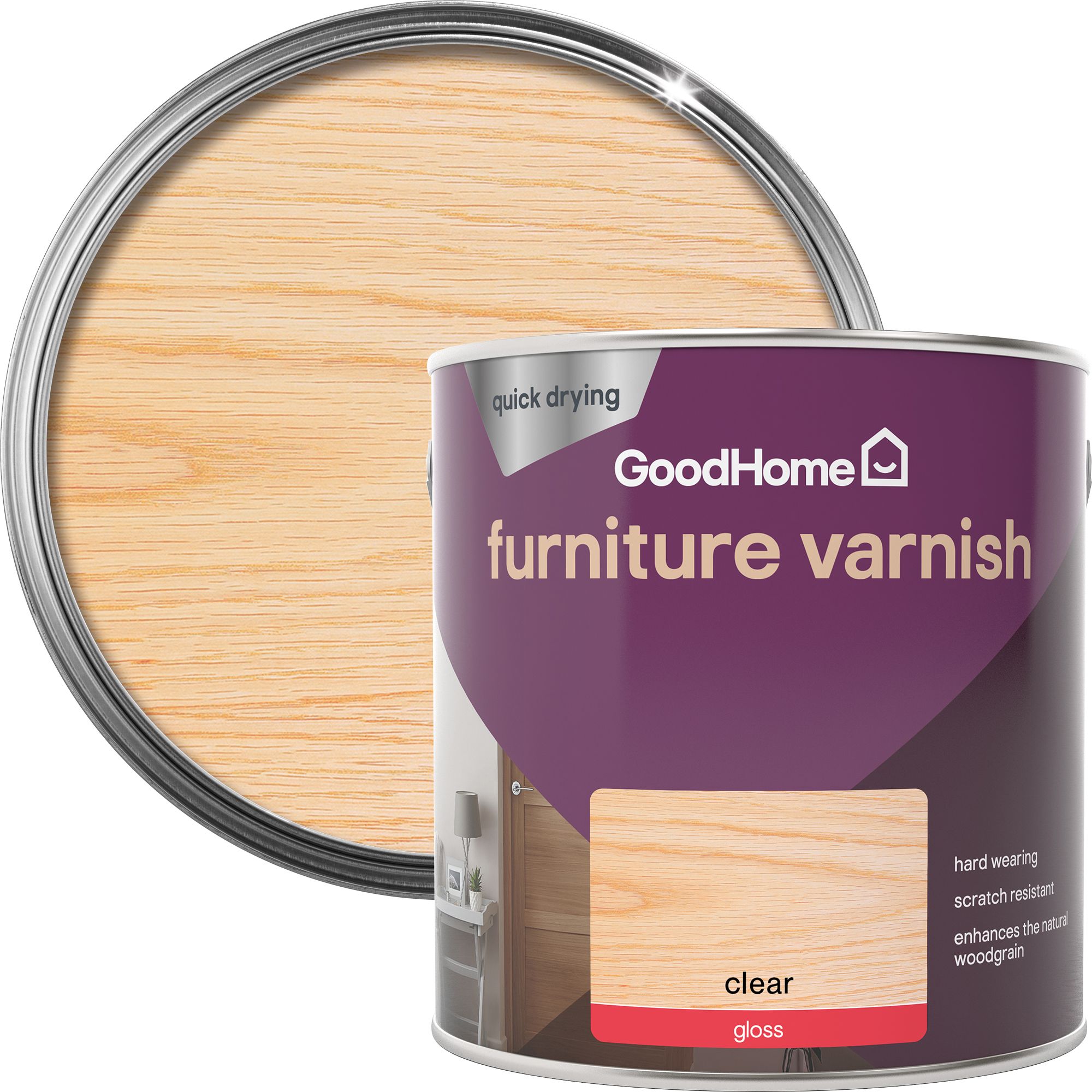 GoodHome Clear Gloss Multisurface Furniture Wood varnish, 2.5L DIY