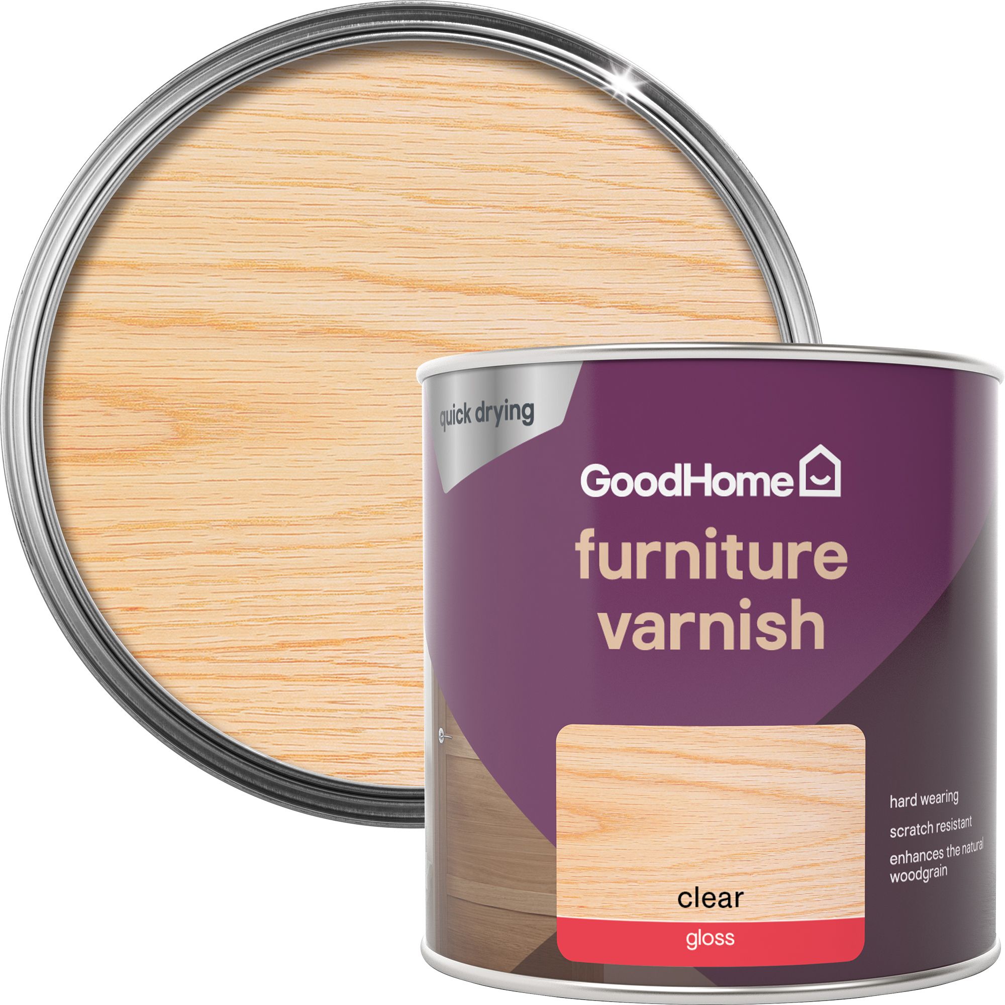 GoodHome Clear Gloss Multisurface Furniture Wood varnish, 250ml DIY