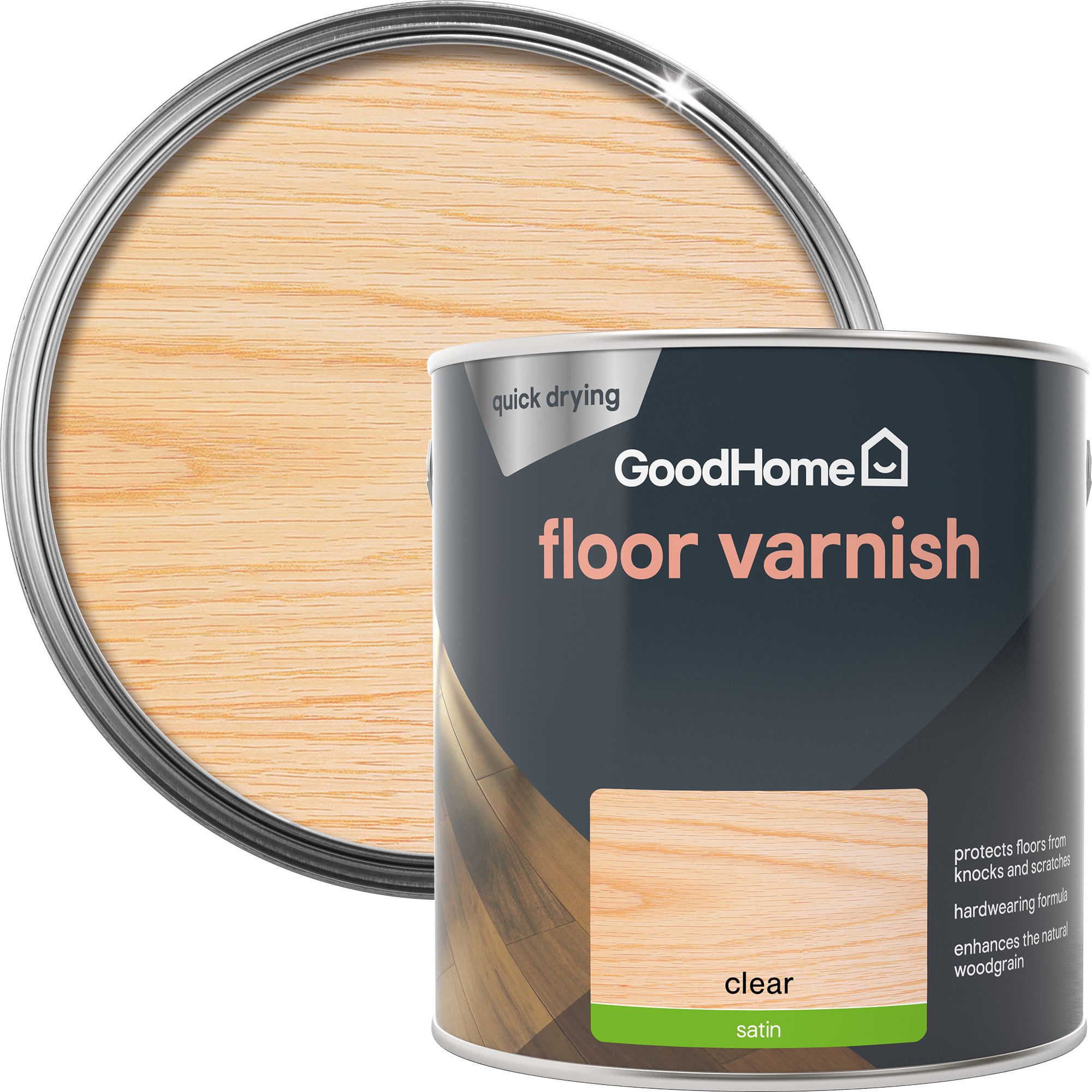 Buy GoodHome Clear Satin Floor Wood varnish, 2.5L DIY at B&Q