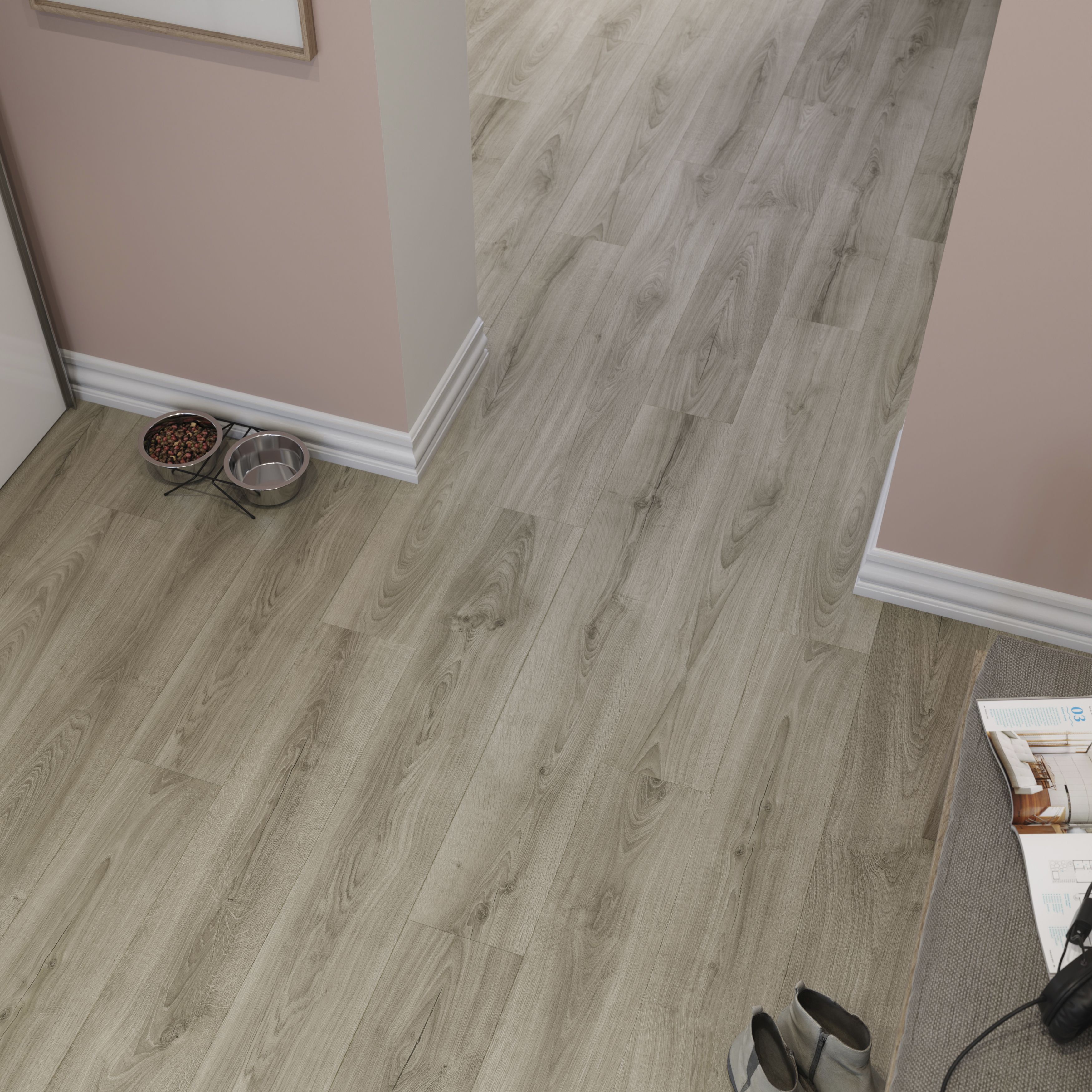 GoodHome Cleobury Grey Structured Oak effect Laminate flooring Sample