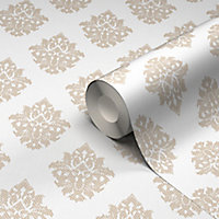 GoodHome Cloezia Beige & white Fabric effect Damask Textured Wallpaper Sample