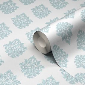 GoodHome Cloezia Blue & white Damask Fabric effect Textured Wallpaper Sample