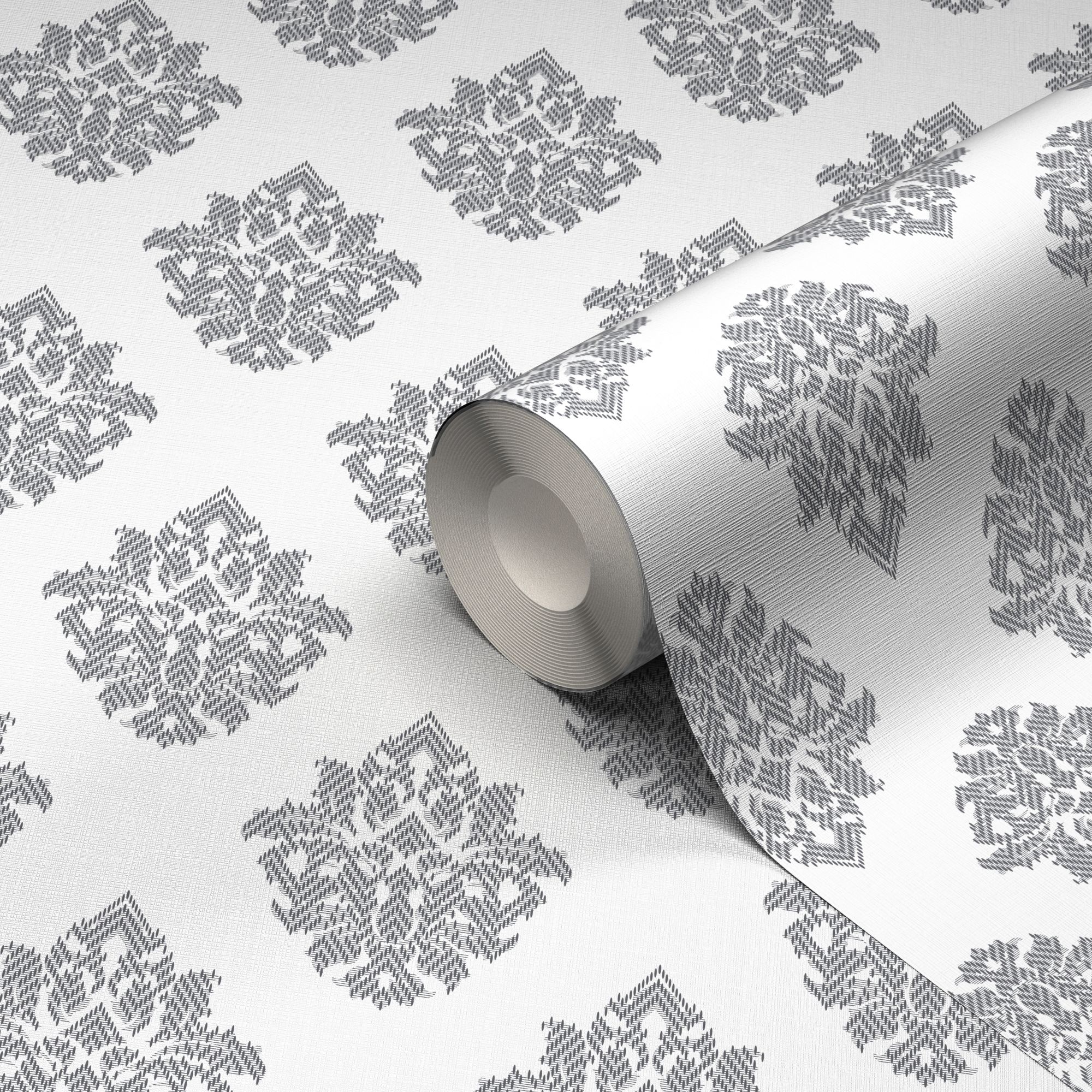 GoodHome Cloezia Grey & white Damask Fabric effect Textured Wallpaper