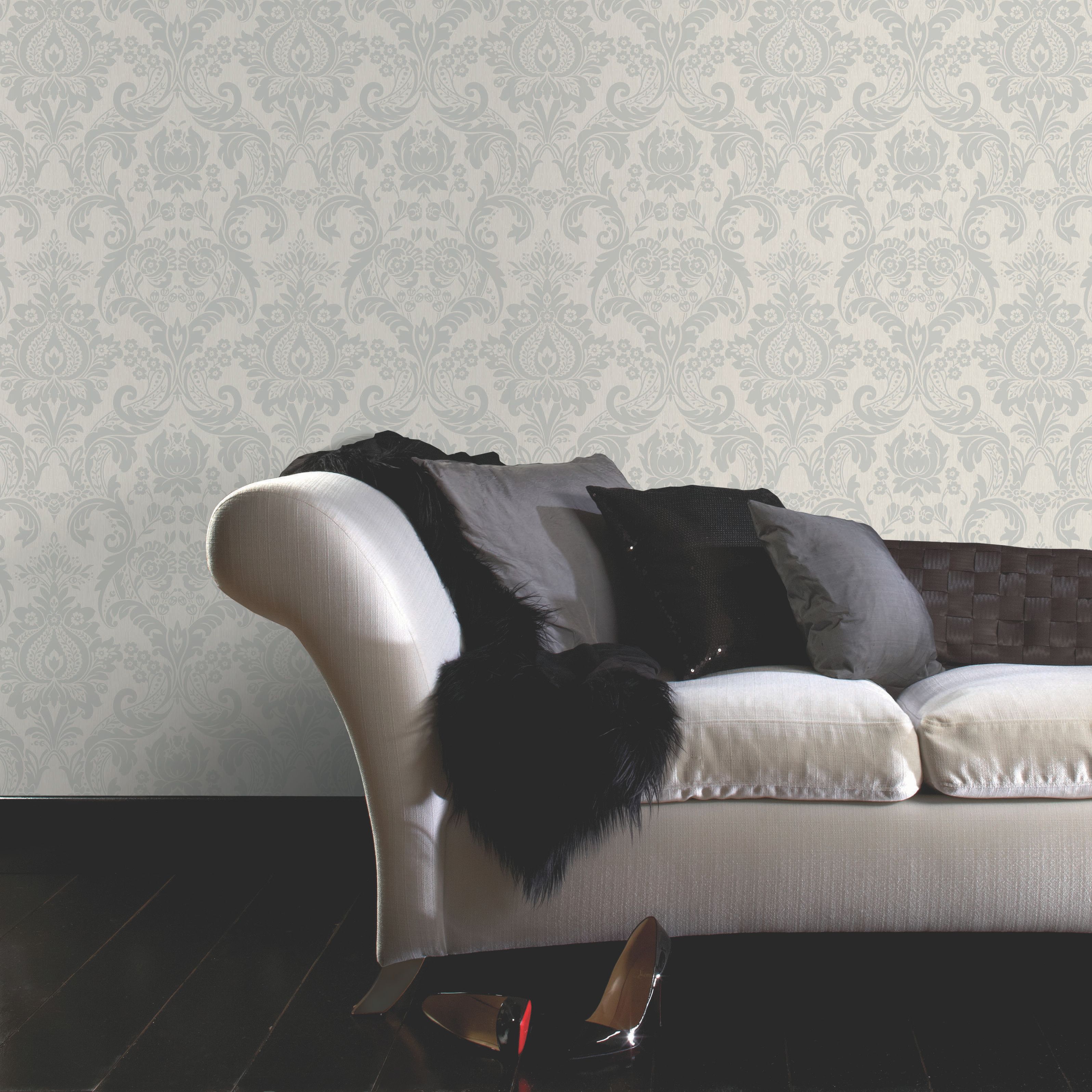 GoodHome Colours Hermes Grey Damask Silver effect Textured Wallpaper Sample
