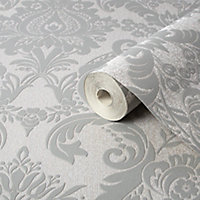GoodHome Colours Hermes Grey Damask Silver effect Textured Wallpaper Sample