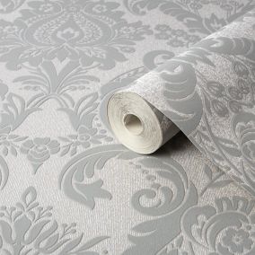 GoodHome Colours Hermes Grey Silver effect Damask Textured Wallpaper Sample
