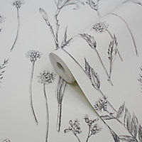 GoodHome Conyza Grey & white Floral Textured Wallpaper Sample