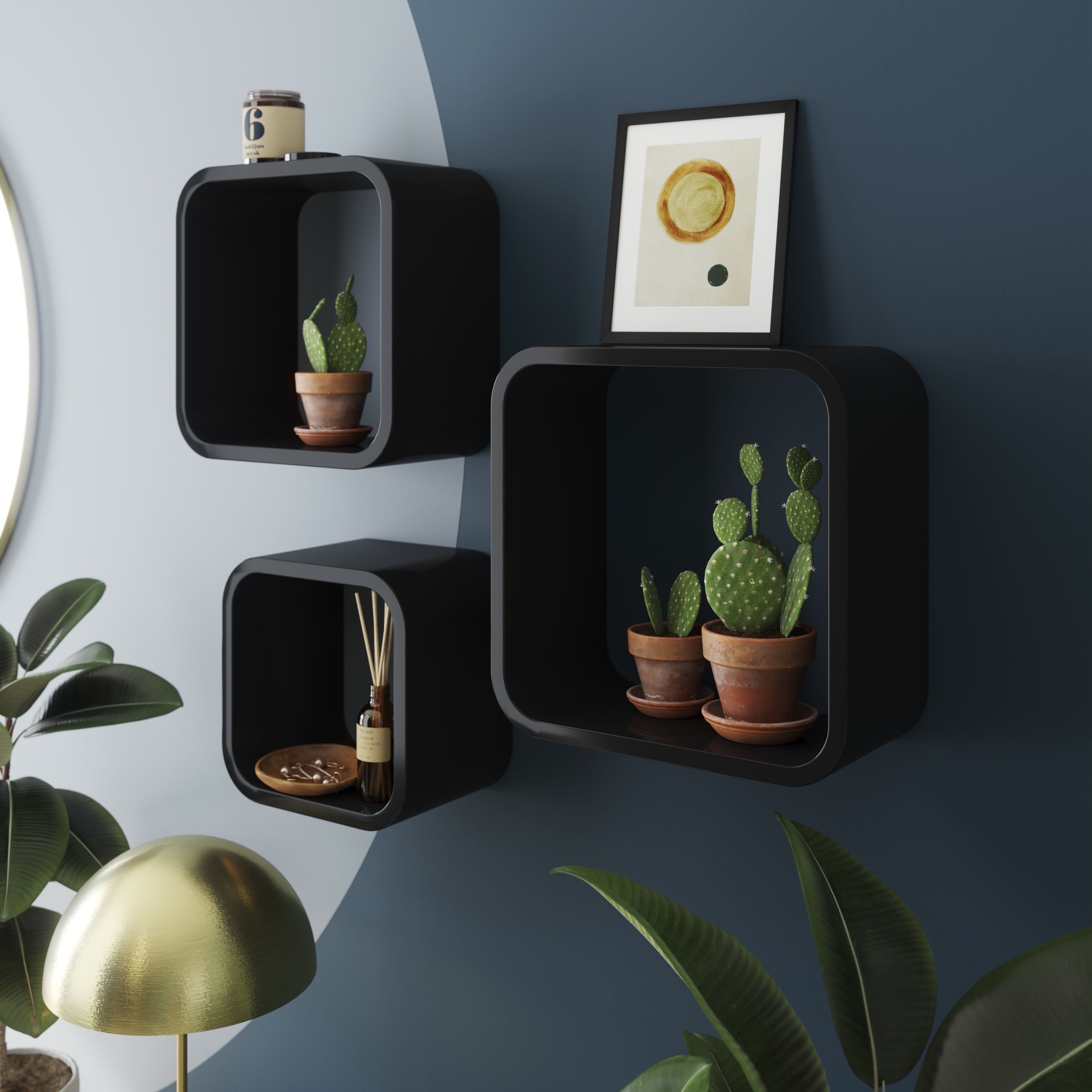 GoodHome Cusko Satin black Cube shelf (L)32.5cm x (D)15.5cm, Set of 3