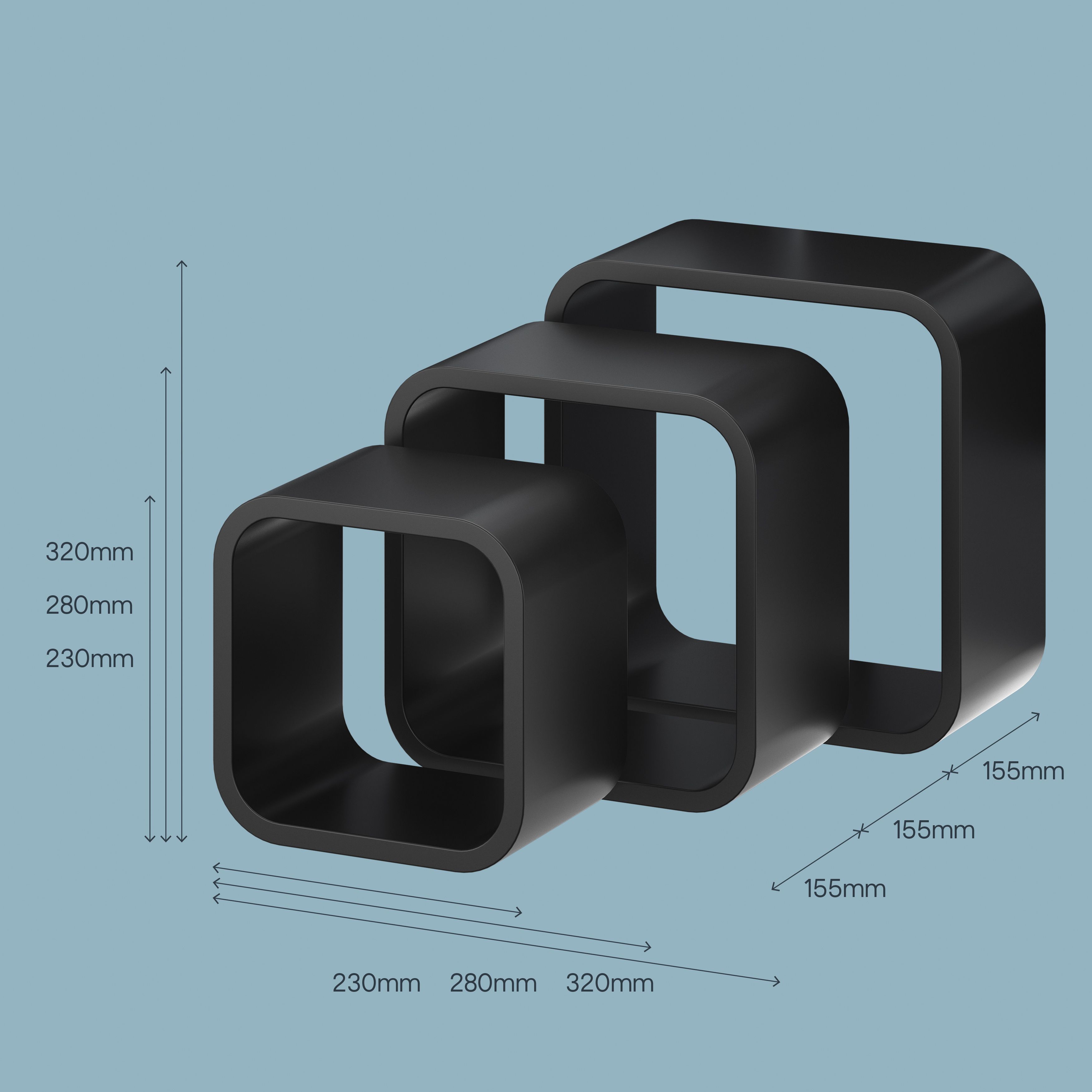 GoodHome Cusko Satin black Cube shelf (L)32.5cm x (D)15.5cm, Set of 3