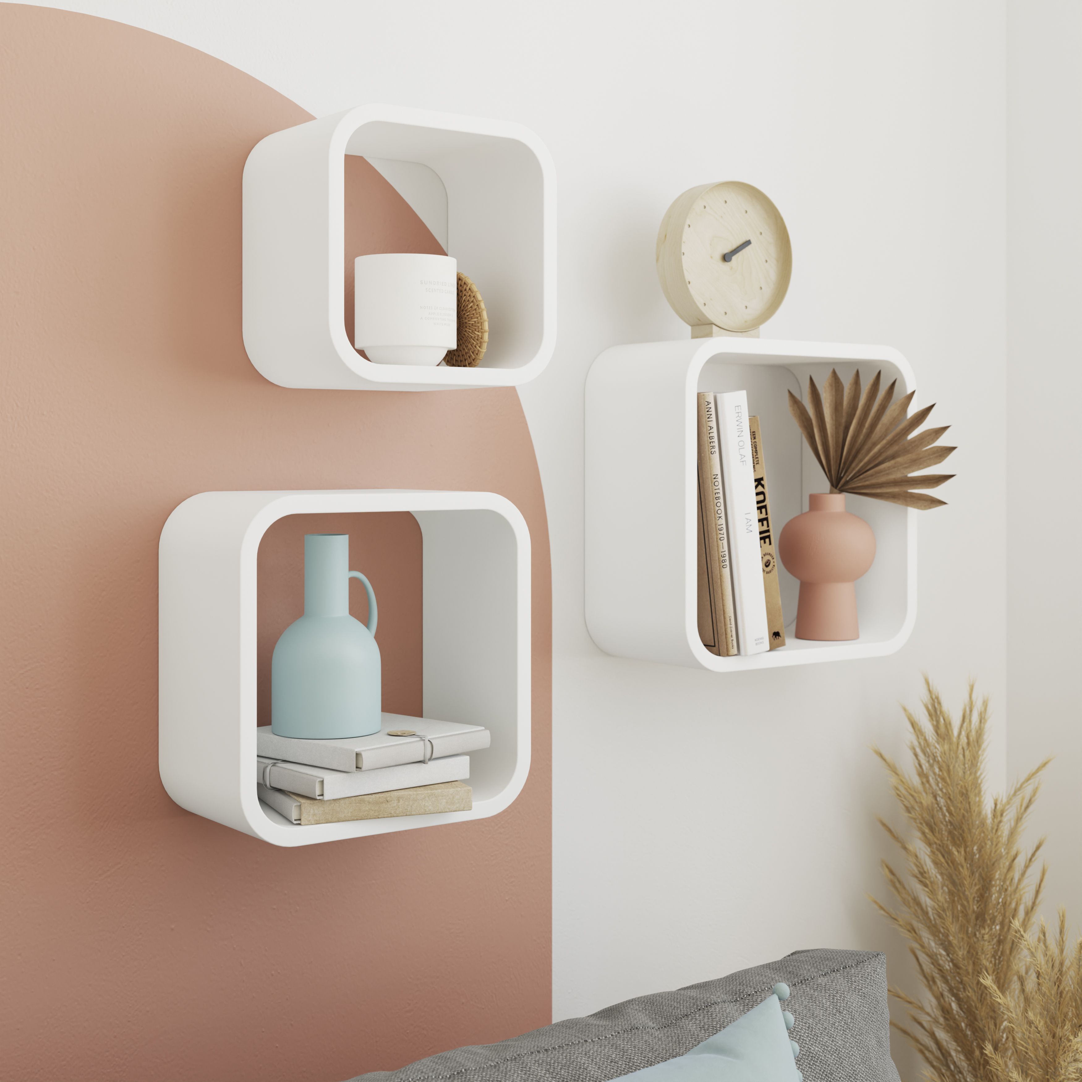 GoodHome Cusko Satin white Cube shelf (L)32.5cm x (D)15.5cm, Set of 3