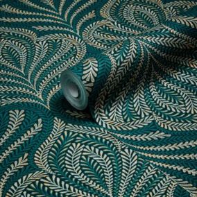 GoodHome Danbu Dark teal Metallic effect Ornamental Textured Wallpaper Sample