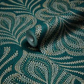 GoodHome Danbu Dark teal Metallic effect Ornamental Textured Wallpaper