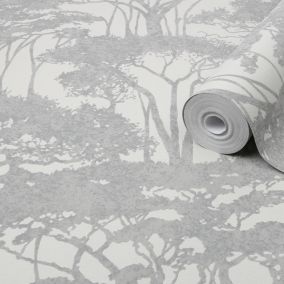 GoodHome Danson Grey Silver effect Trees Textured Wallpaper