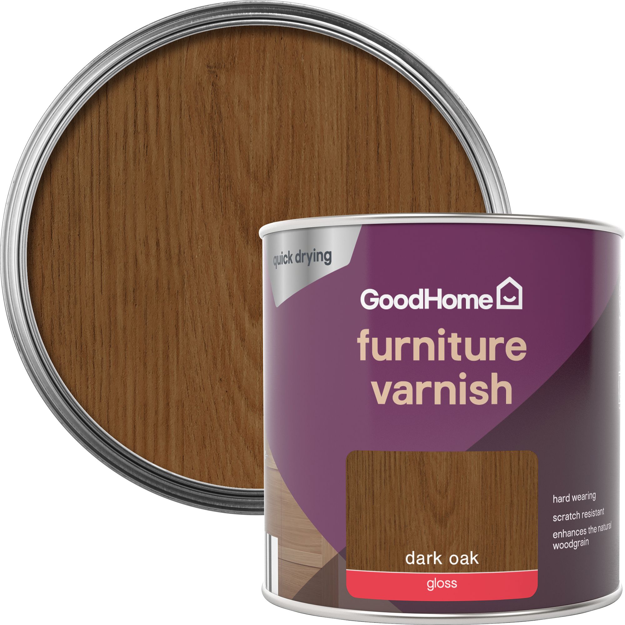 GoodHome Dark Oak Gloss Multisurface Furniture Wood varnish, 250ml DIY at B&Q