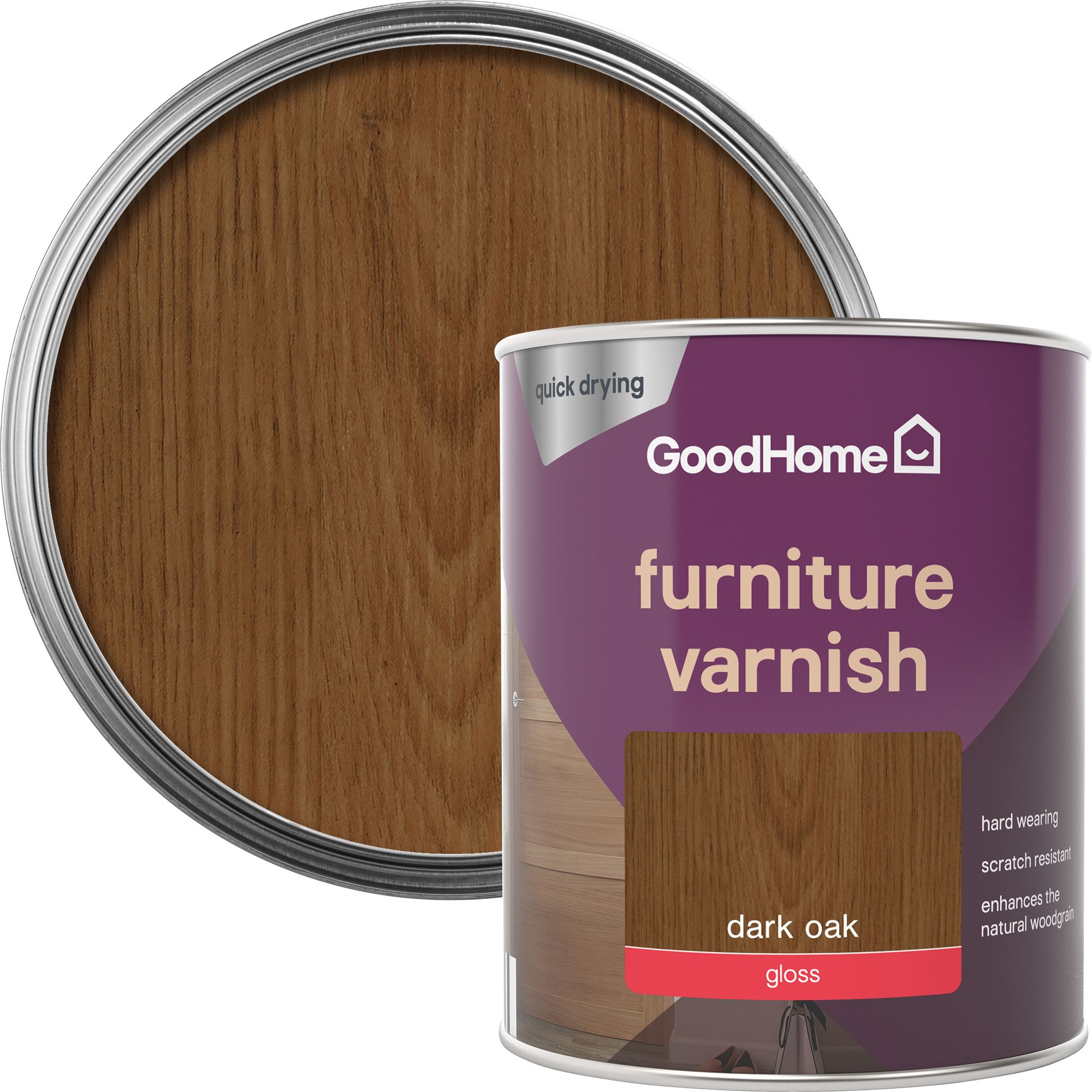 GoodHome Dark Oak Gloss Multisurface Furniture Wood varnish, 750ml