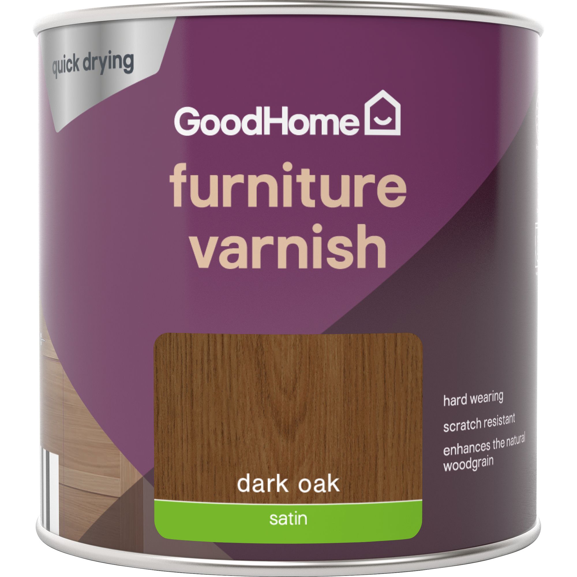 GoodHome Dark Oak Satin Multi-surface Furniture Wood varnish, 250ml