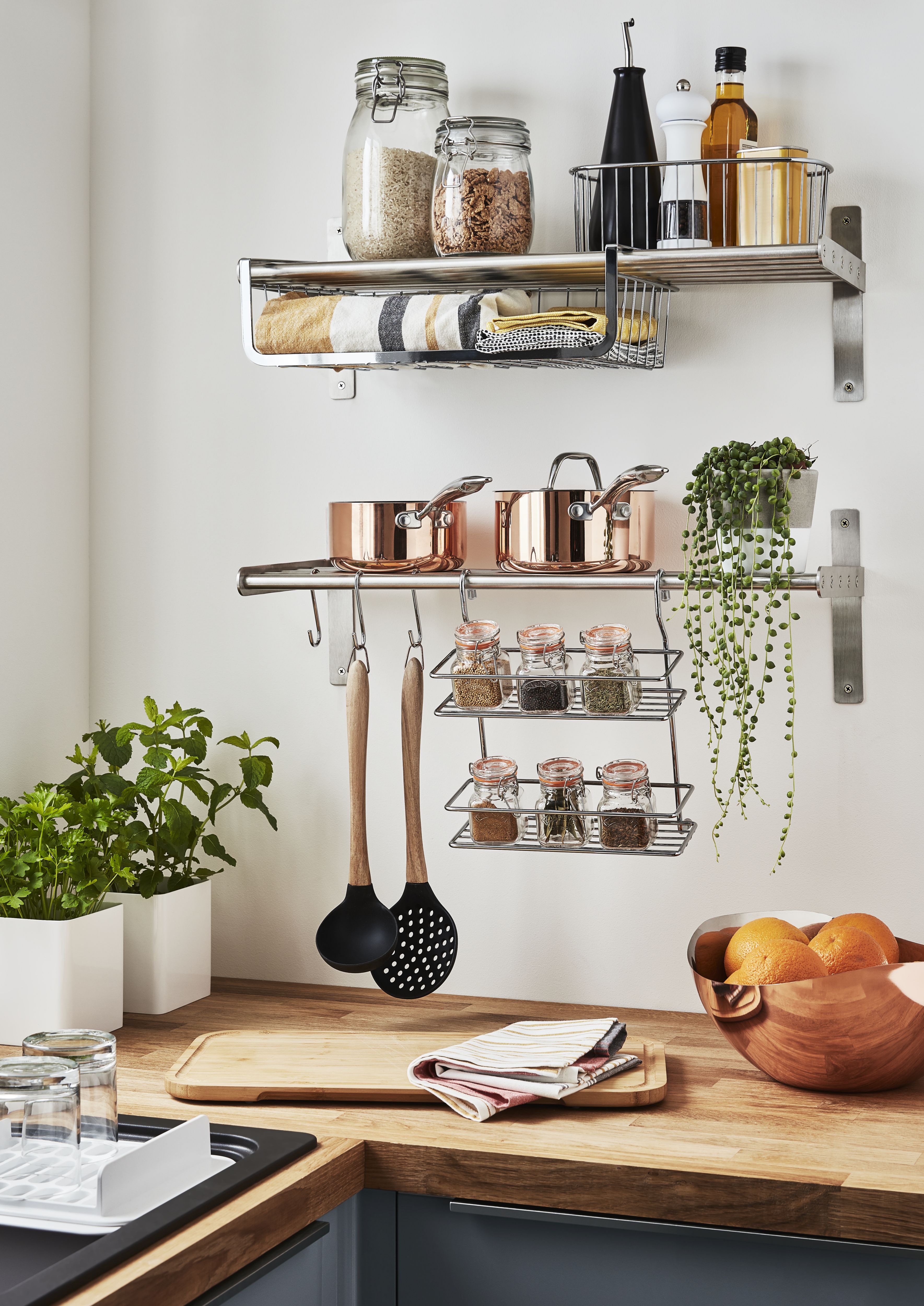 GoodHome Datil Chrome effect Steel Wall organiser shelving