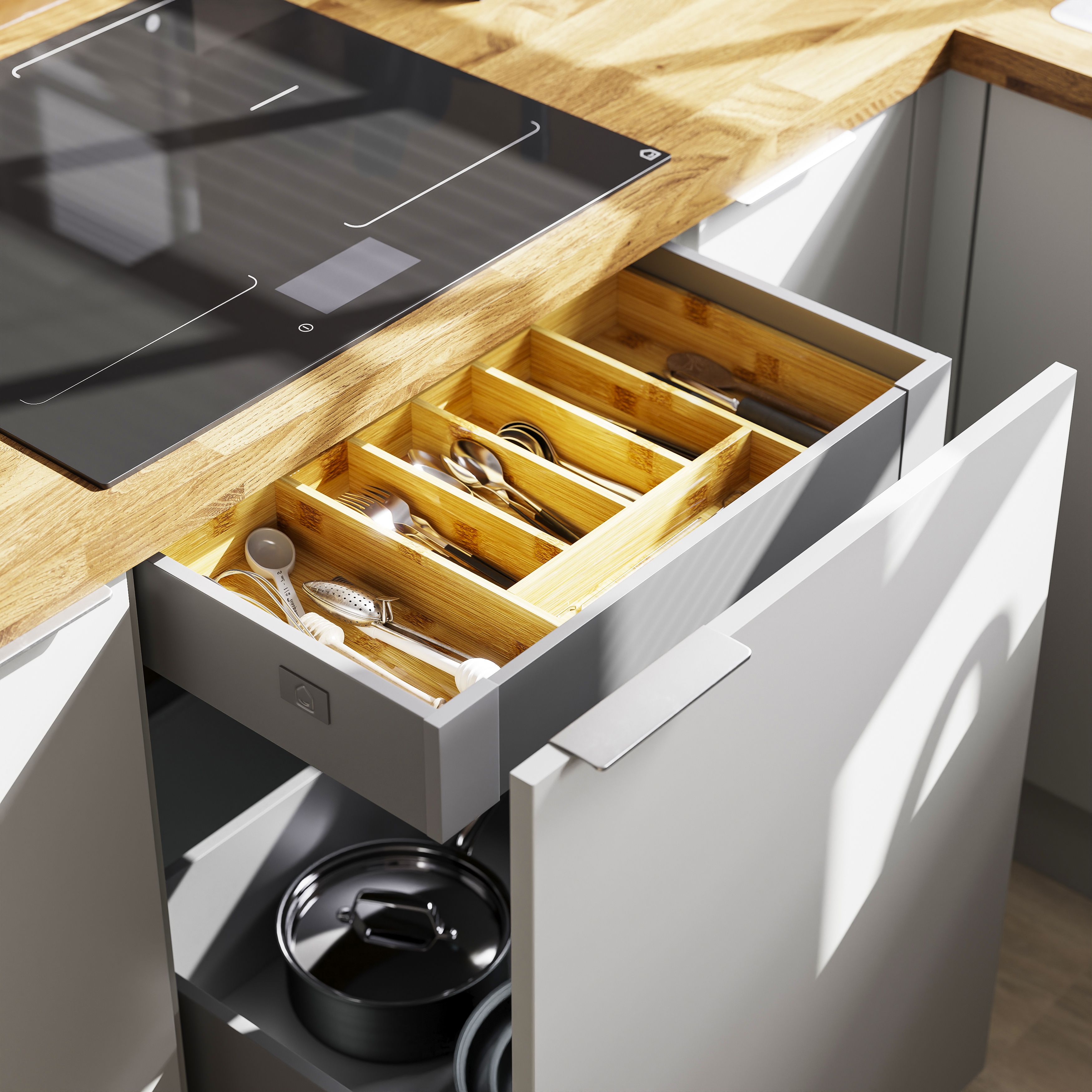 GoodHome Datil Natural Bamboo & MDF Cutlery tray, (H)600mm (W)2900mm