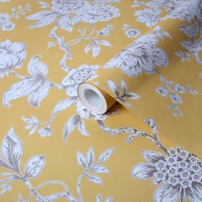 GoodHome Davenham Yellow Floral Metallic effect Smooth Wallpaper