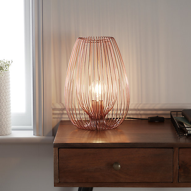 Goodhome Dharug Copper Effect Table, Copper Wire Table Lamp Shade