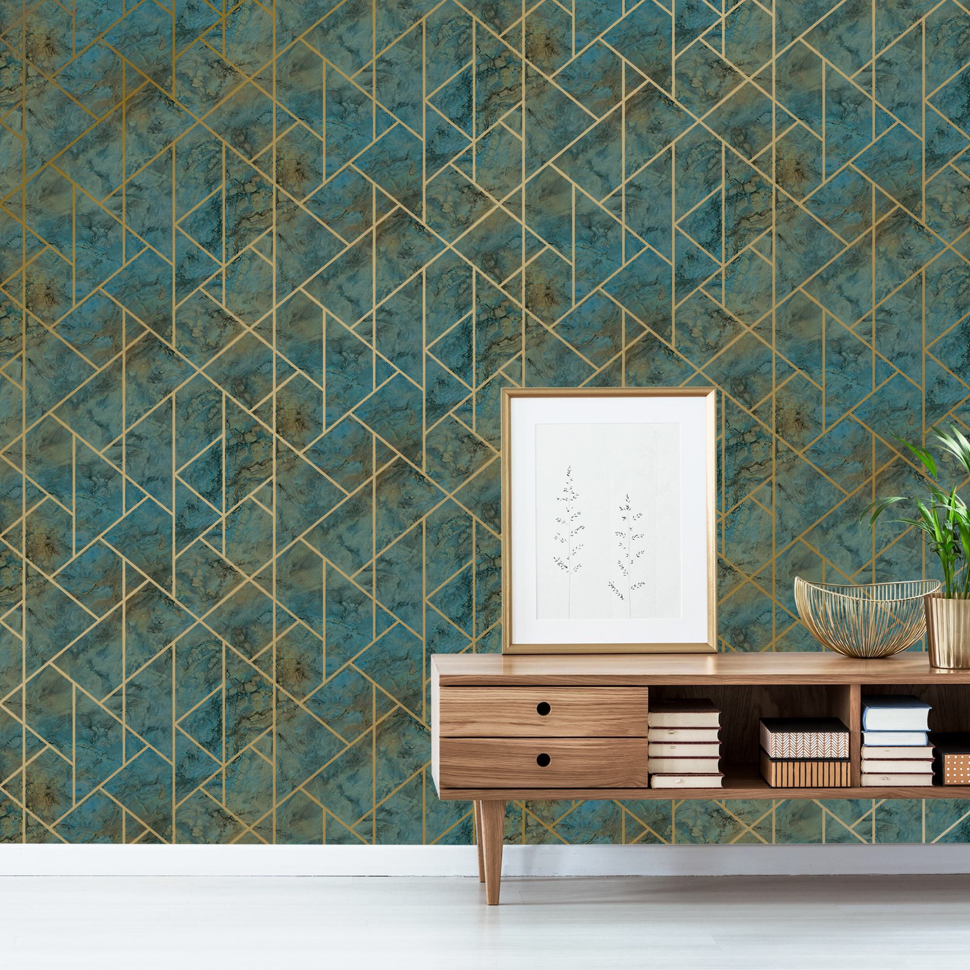 GoodHome Diap Teal Geometric Metallic effect Textured Wallpaper