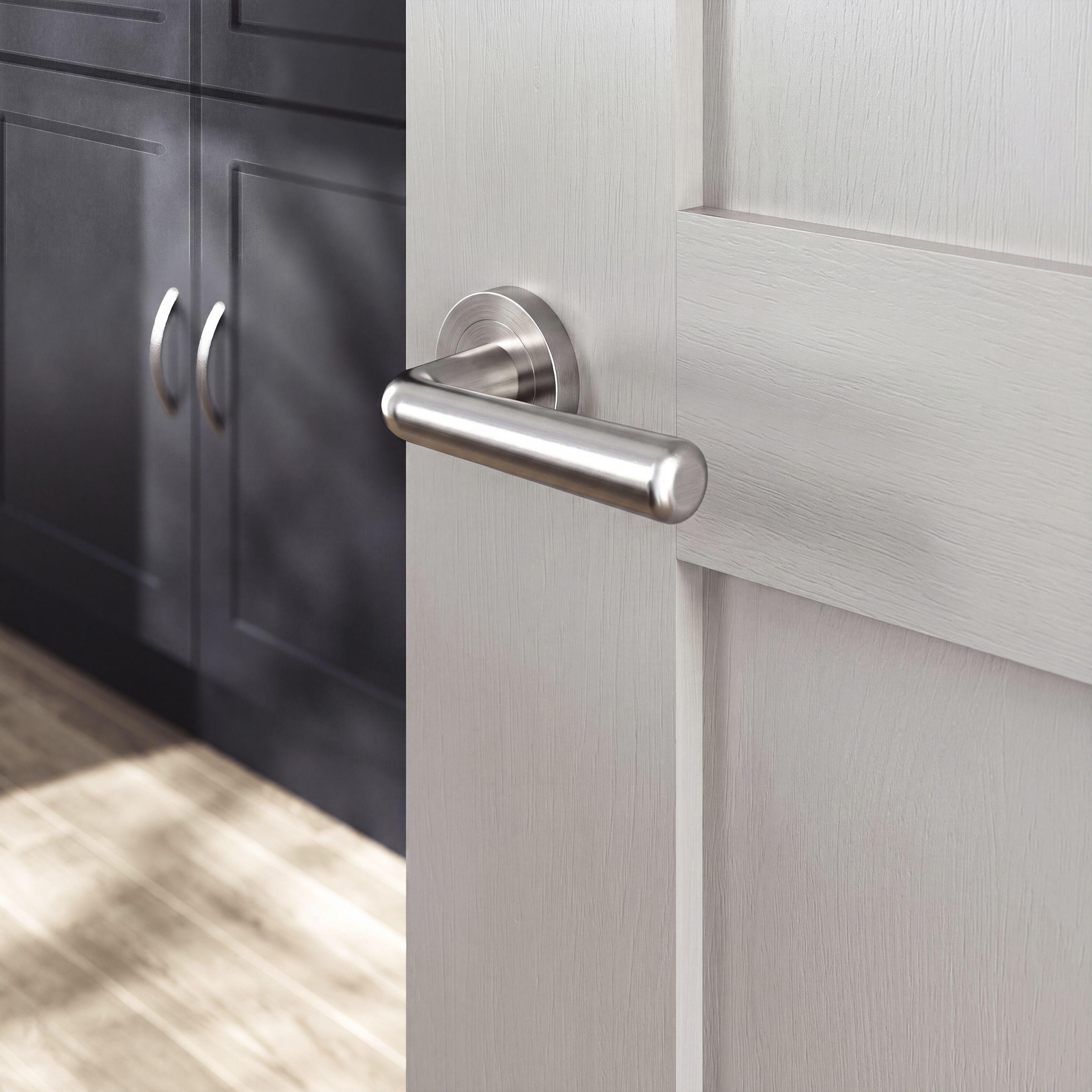 GoodHome Dizel Brushed Grey Nickel effect Straight Lever on rose Door handle (L)121.5mm, Pair