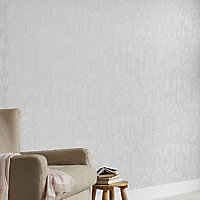 GoodHome Djinga White Art deco Silver effect Textured Wallpaper