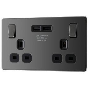 GoodHome Double 13A Screwless Switched Gloss Black Socket with USB x2 3.1A