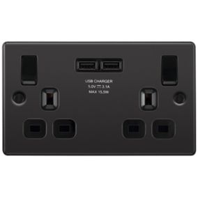 GoodHome Double 13A Switched Gloss Black Socket with USB x2 3.1A