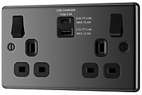 GoodHome Double 13A Switched Gloss Black Socket with USB x2 4.2A