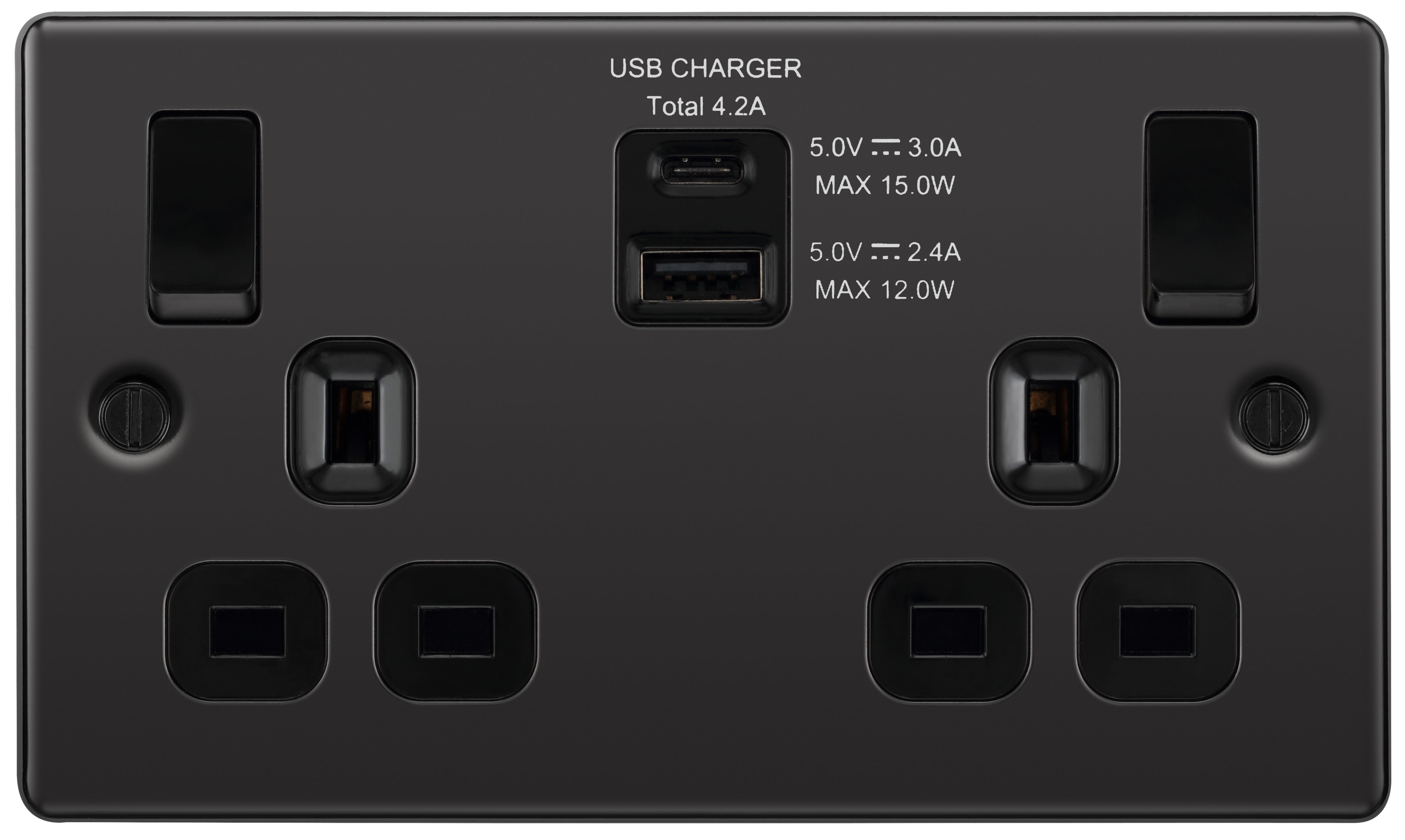 GoodHome Double 13A Switched Gloss Black Socket with USB x2 4.2A