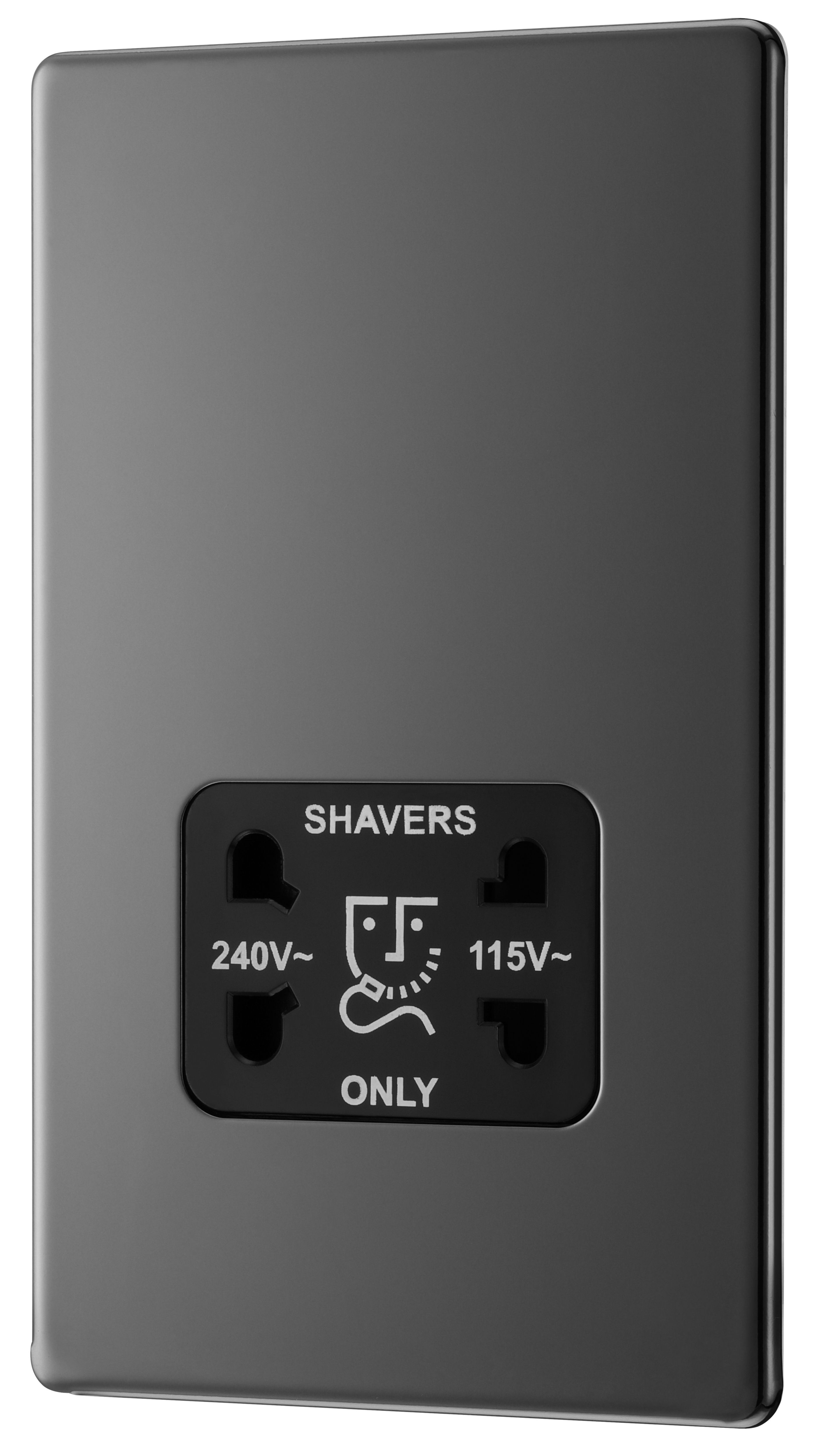 GoodHome Double Flat Screwless Shaver socket Gloss Black Nickel effect