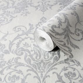 GoodHome Dovenby Grey Silver effect Damask Textured Wallpaper