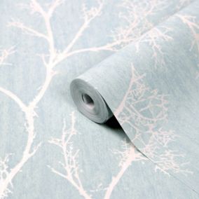 GoodHome Drave Blue & white Glitter effect Tree Textured Wallpaper Sample