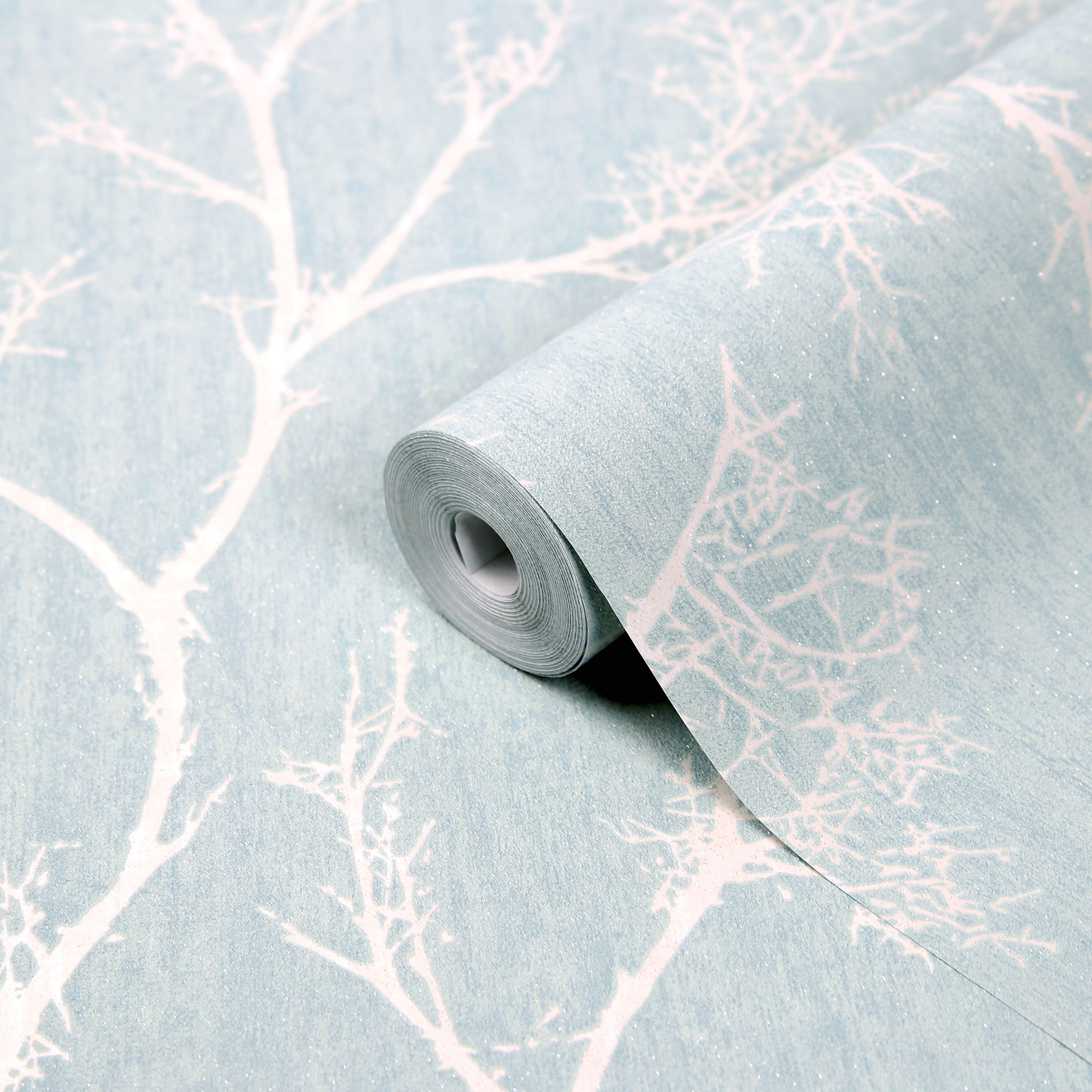 GoodHome Drave Blue white Tree Glitter effect Textured Wallpaper