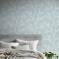 GoodHome Drave Blue & white Tree Glitter effect Textured Wallpaper