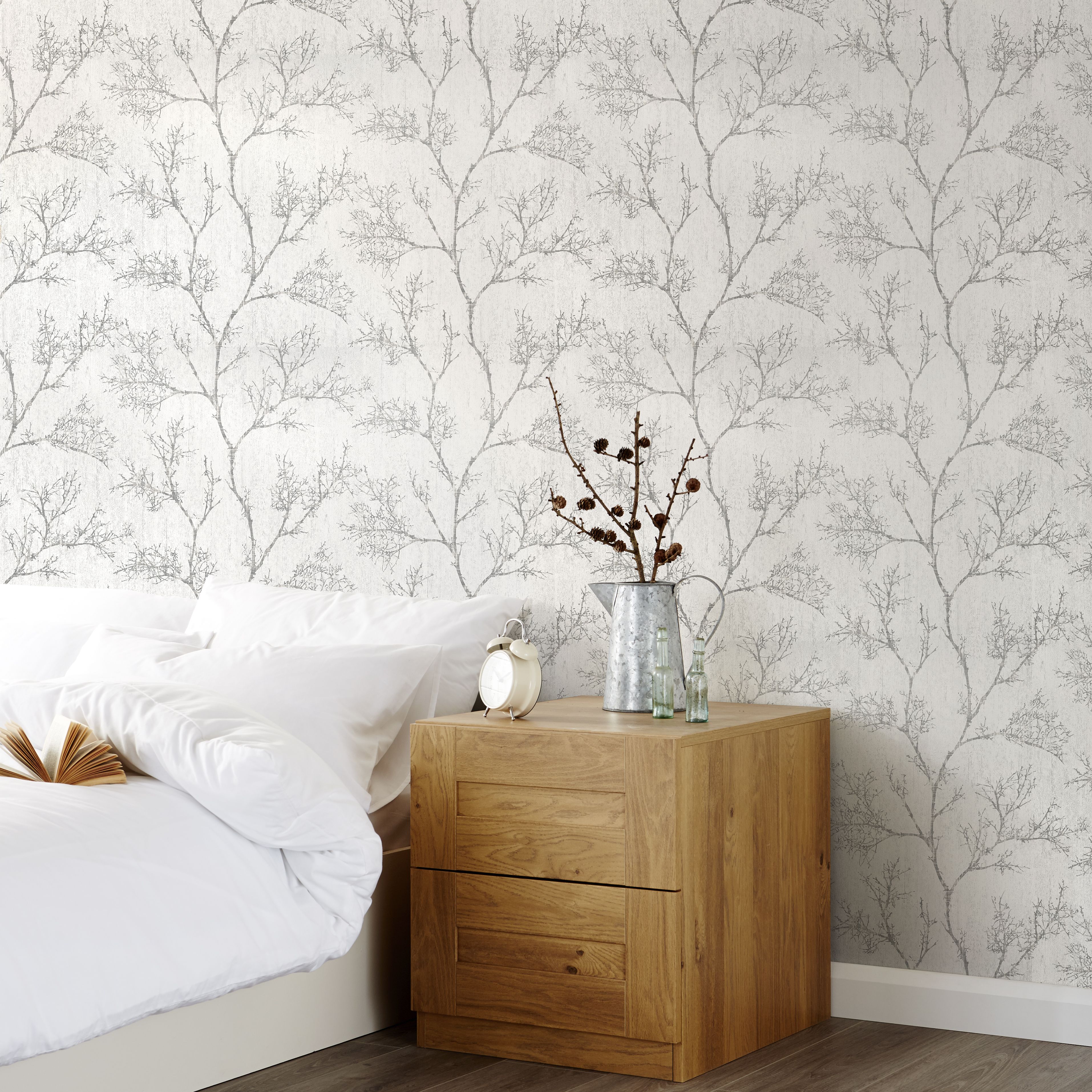 GoodHome Drave White Glitter effect Tree Textured Wallpaper Sample