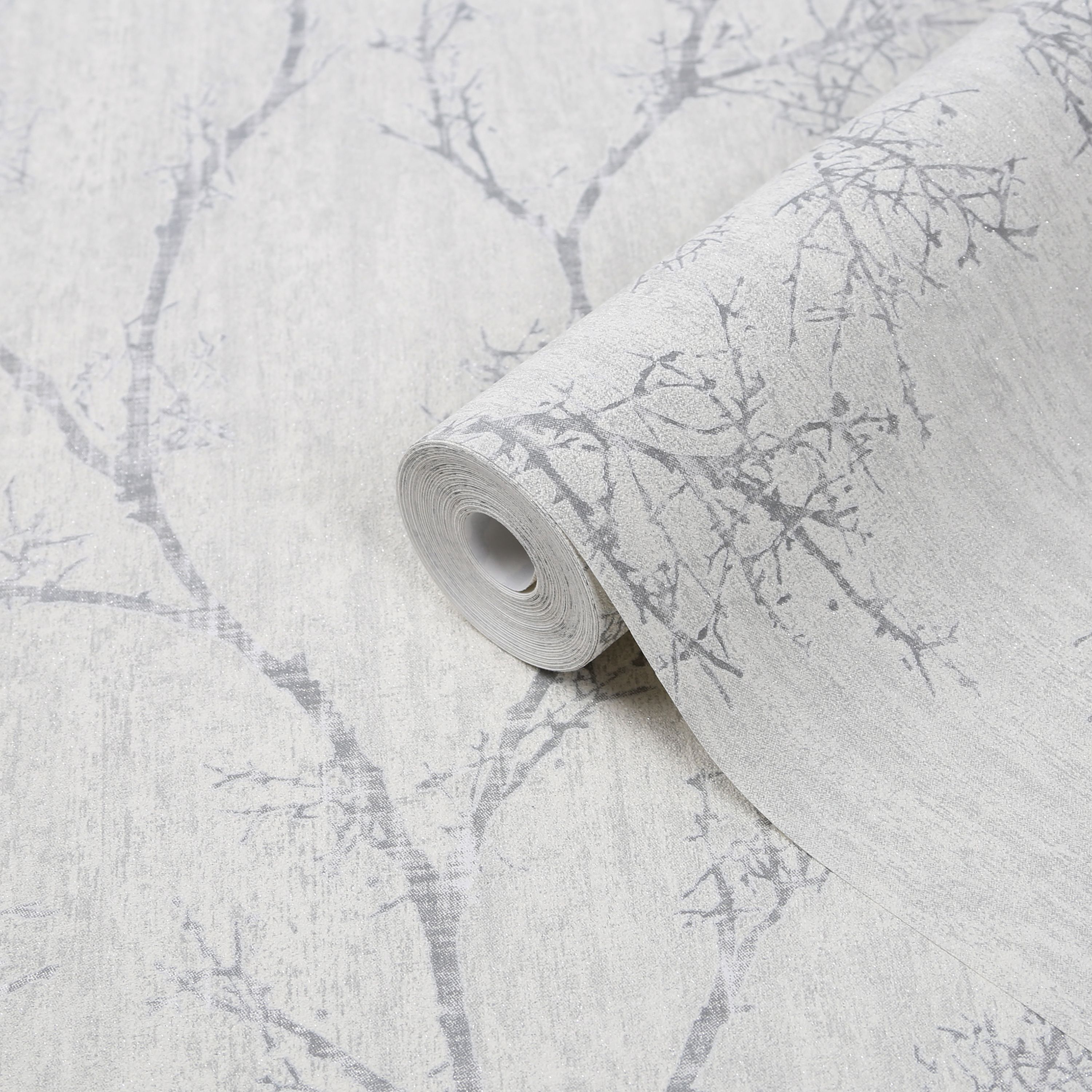 GoodHome Drave White Glitter effect Tree Textured Wallpaper Sample