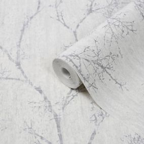 GoodHome Drave White Glitter effect Tree Textured Wallpaper Sample