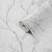 GoodHome Drave White Tree Glitter effect Textured Wallpaper