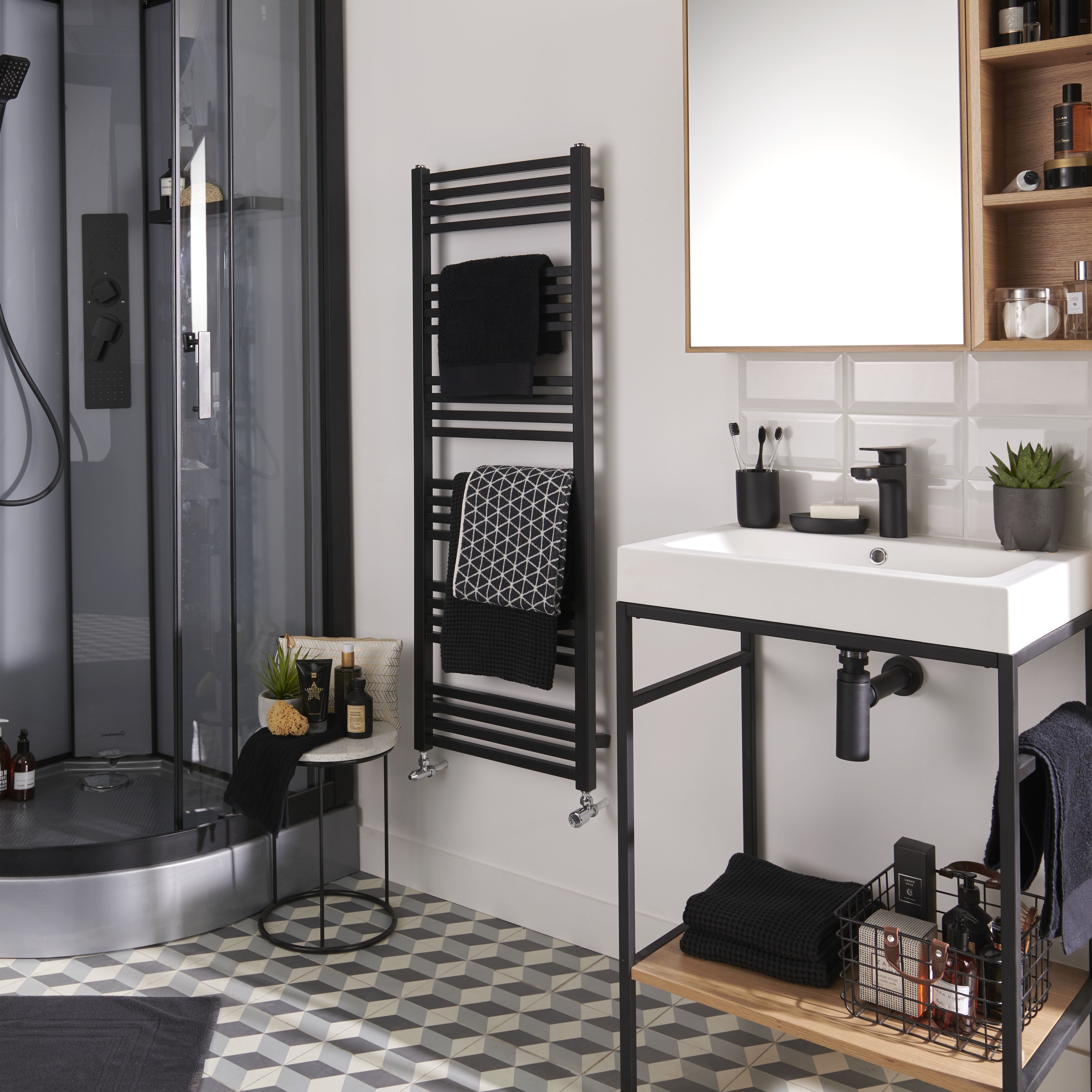 GoodHome Duala Black 1767BTU Vertical Towel radiator (W)450mm x (H)1272mm
