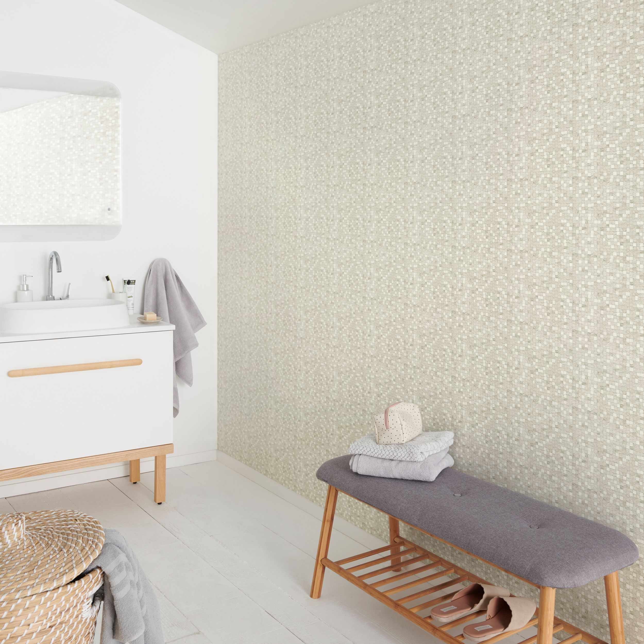 GoodHome Dunni Beige Tile effect Mosaic Textured Wallpaper Sample