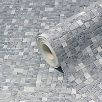 GoodHome Dunni Grey Mosaic Tile effect Textured Wallpaper Sample