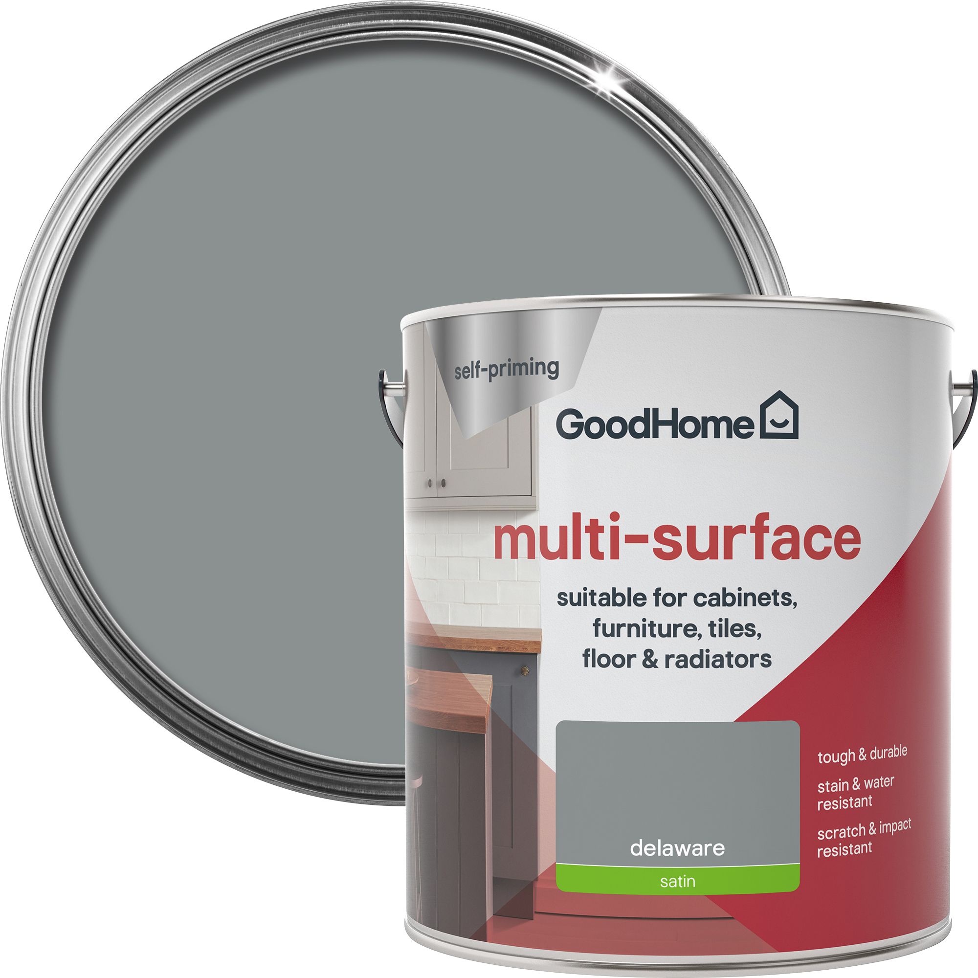 GoodHome Durable Delaware Satin Multisurface paint, 2L DIY at B&Q