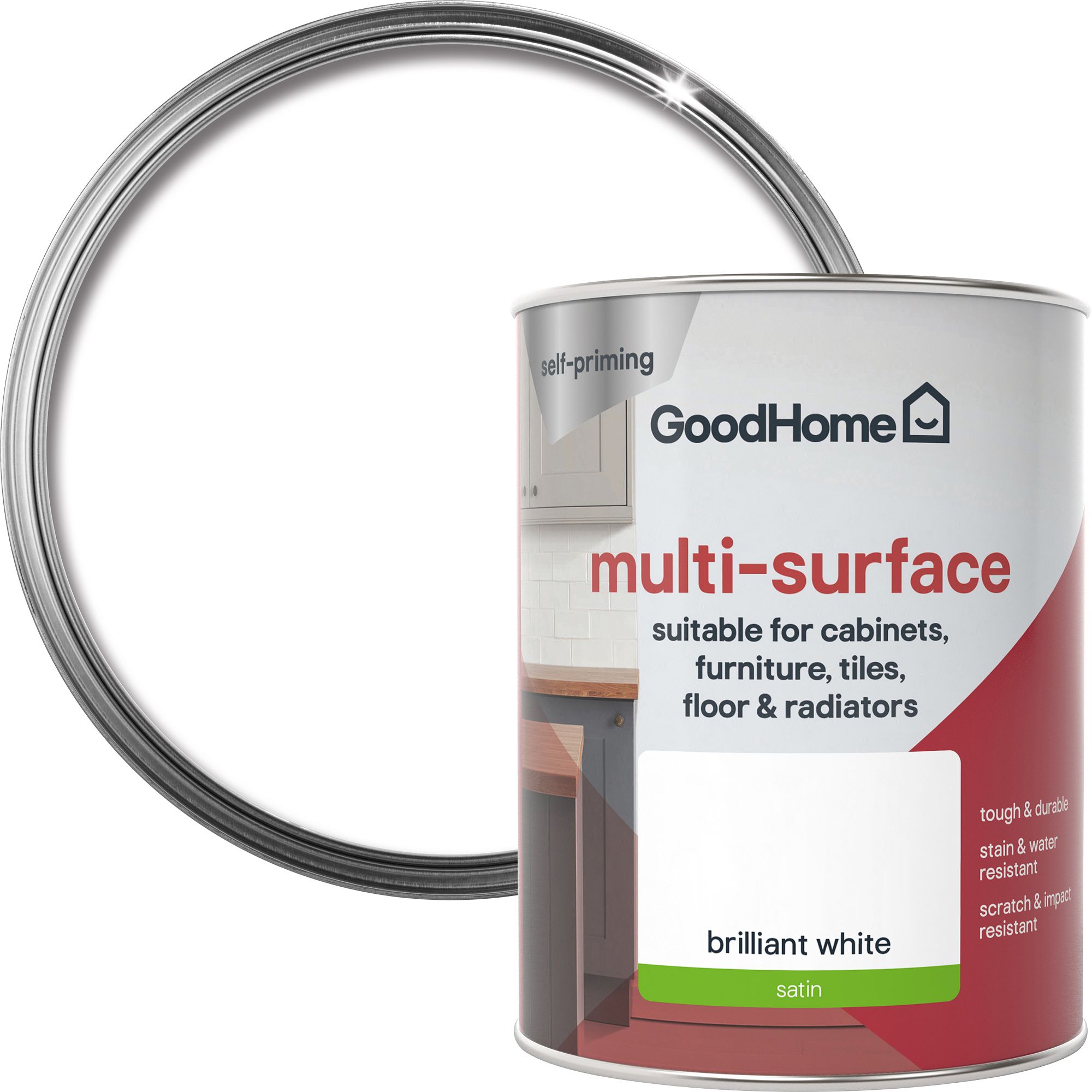 GoodHome Durable North pole (brilliant white) Satin Multi-surface paint, 750ml