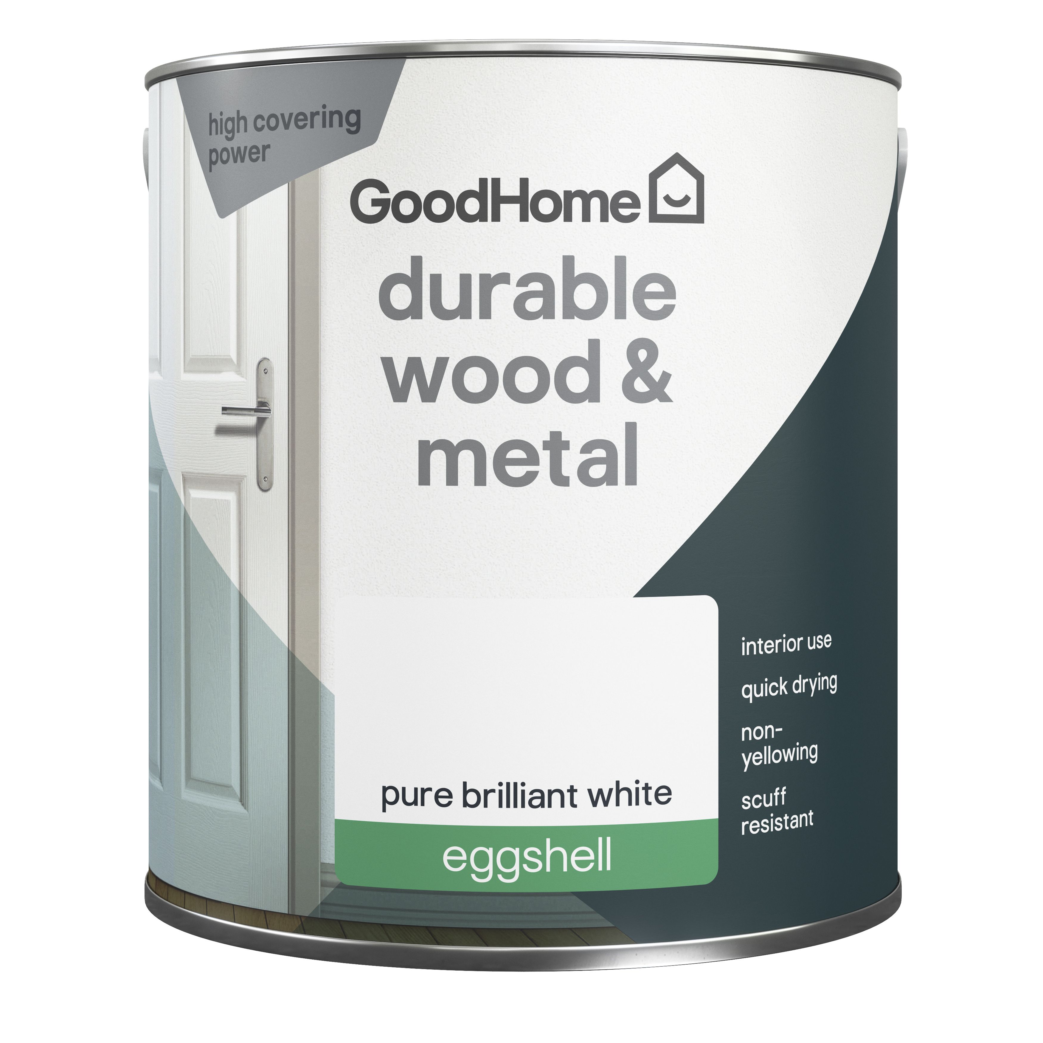 GoodHome Durable Pure Brilliant White Eggshell Metal & wood paint, 2.5L