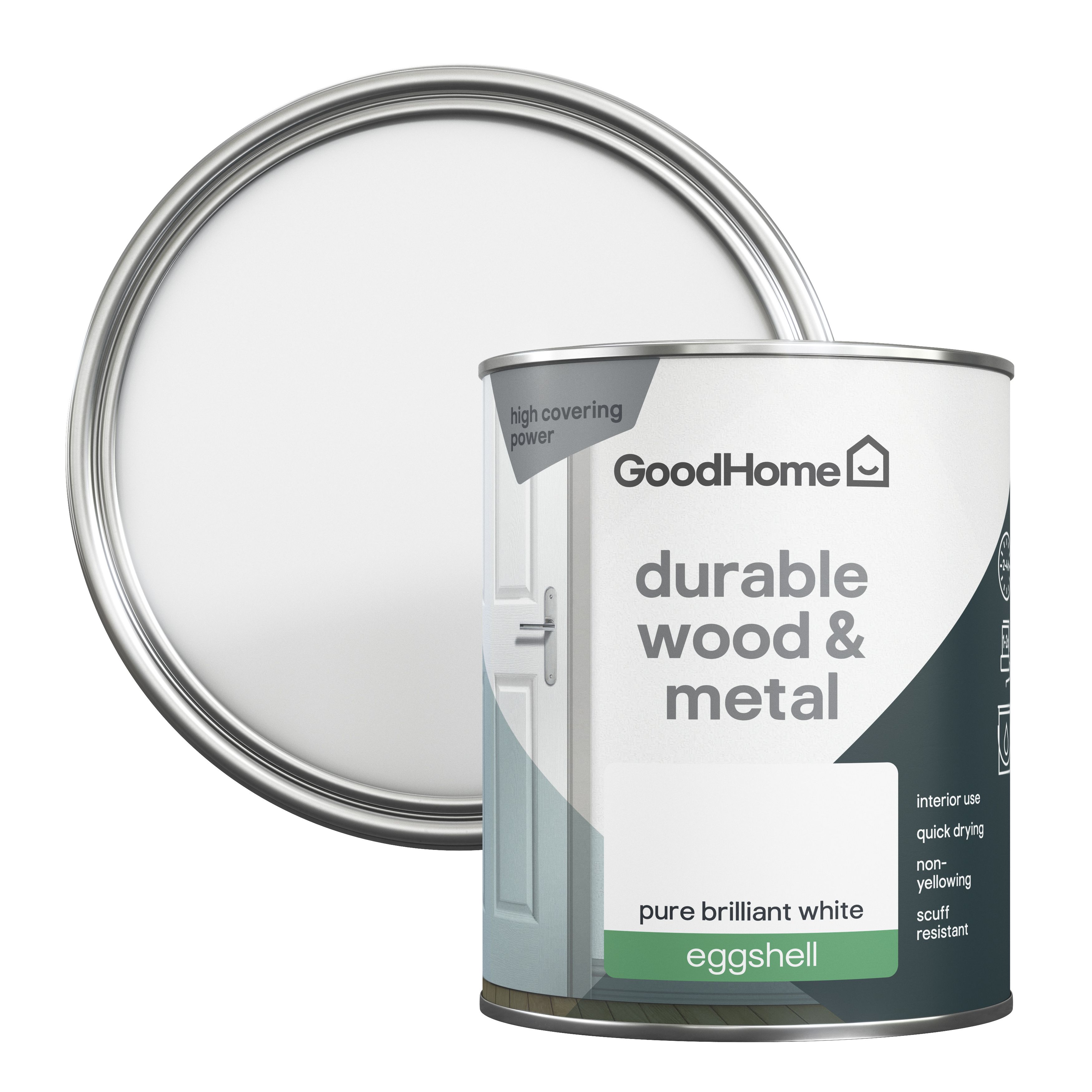 GoodHome Durable Pure Brilliant White Eggshell Metal & wood paint, 750ml