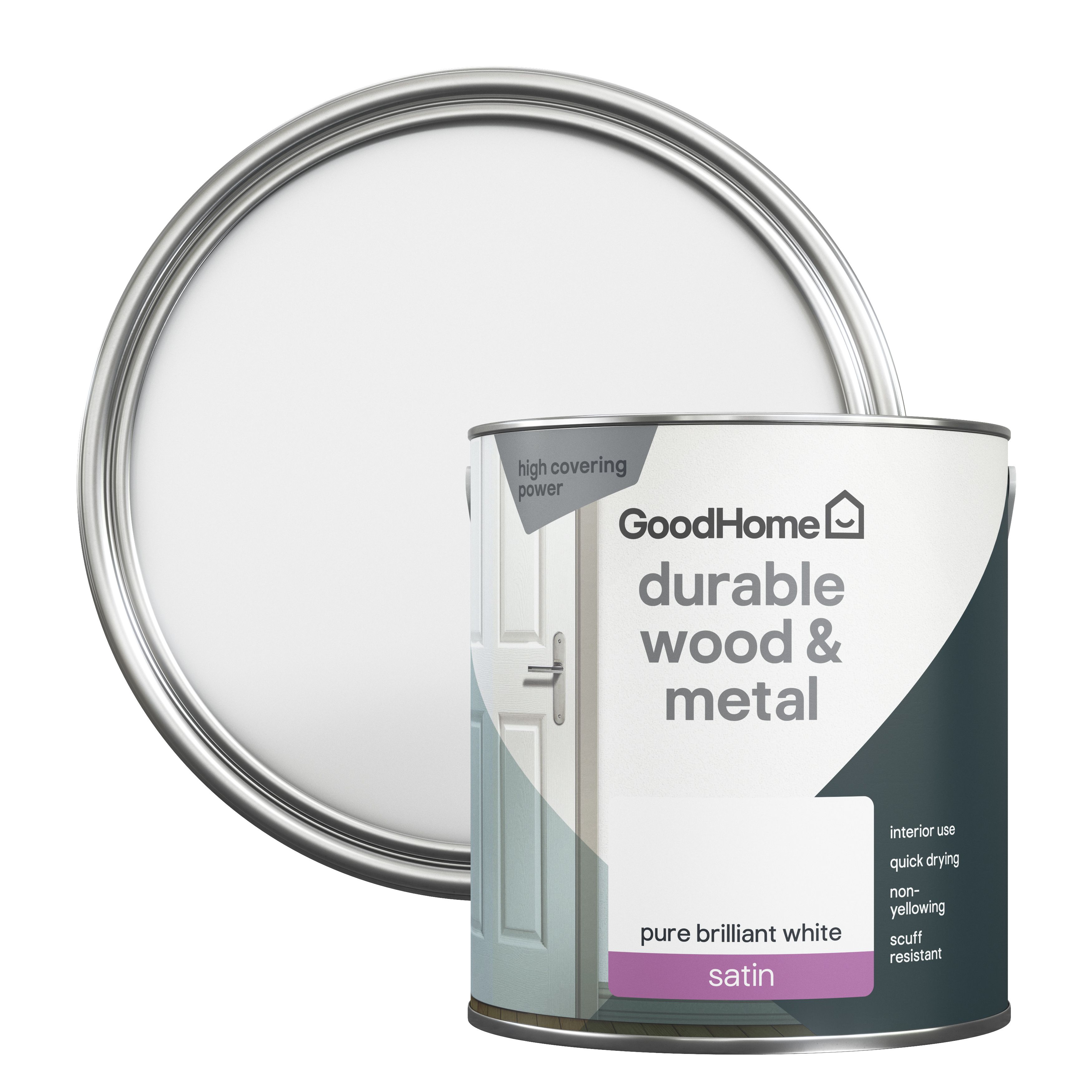 GoodHome Durable Pure Brilliant White Satinwood Metal & wood paint, 2.5L DIY at B&Q